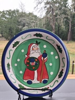 Hand-Painted Santa Holiday Decorative Plate - Green & Red